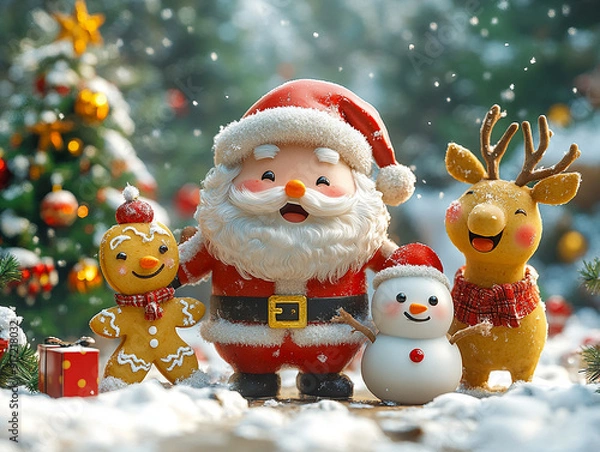 Fototapeta A joyful 3D illustration  Santa Claus, a Snowman, a Gingerbread Cookie, and a Reindeer are playing with snow, celebrating the New Year with a Christmas background