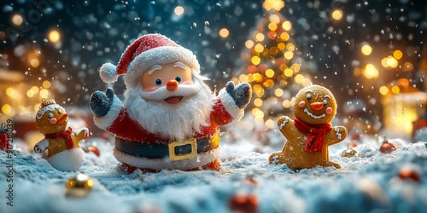 Fototapeta A joyful 3D illustration  Santa Claus, a Snowman, a Gingerbread Cookie, and a Reindeer are playing with snow, celebrating the New Year with a Christmas background