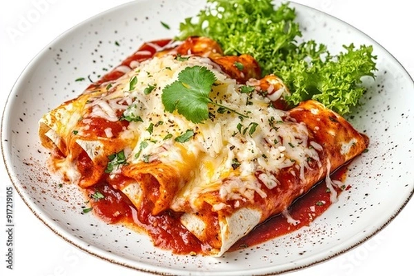 Fototapeta Chicken enchiladas with red sauce and cheese isolated on a white, top view