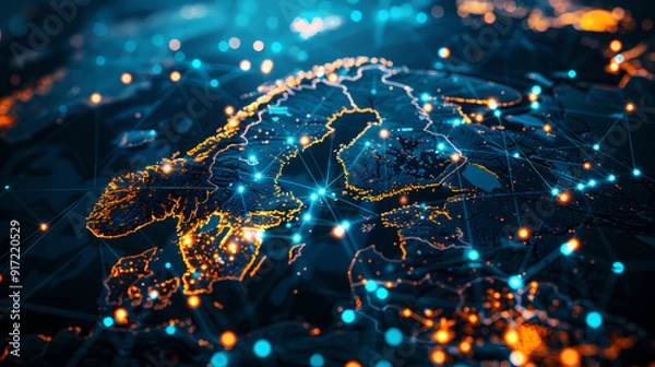 Obraz Dynamic digital world map emphasize Scaninavia. Global network connectivity, big data transfer