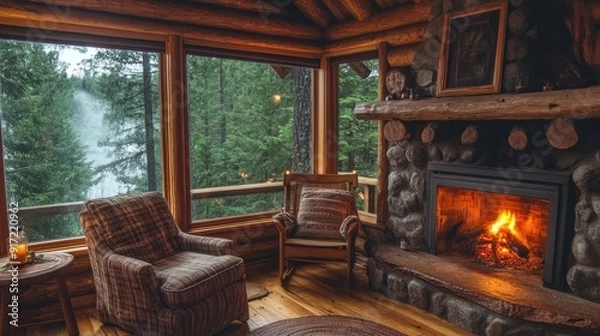 Fototapeta A cozy log cabin with a fireplace and forest views, space for text above