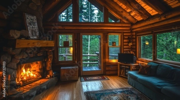Fototapeta A cozy log cabin with a fireplace and forest views, space for text above