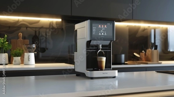 Fototapeta A modern coffee machine with a sleek touchscreen display, sitting on a minimalist kitchen counter - Futuristic style