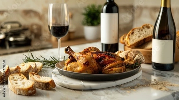 Fototapeta Contemporary and minimalist depiction of roast chicken served on a marble countertop, accompanied by rustic bread and a bottle of wine