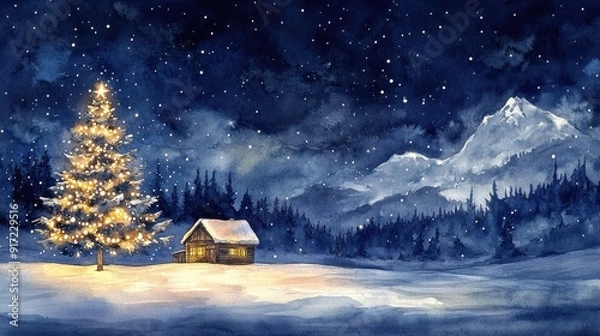 Obraz Christmas Tree and Lit Cabin in a Winter Wonderland: A Snowy Night Landscape Perfect for Holiday Banners and Templates for Xmas Eve	
