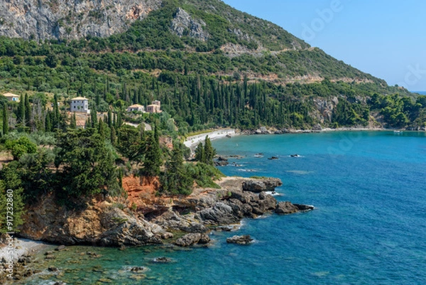 Fototapeta View of the beautiful Kalamitsi beach next to Kardamyli village in Messinian Mani, Peloponnese, Greece