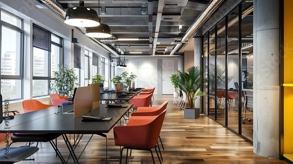 Fototapeta A modern, trendy office with sleek, furniture and a productive, environment