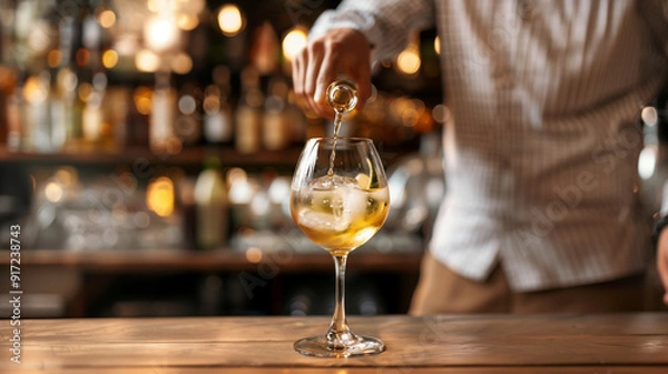 Fototapeta Bartender preparing a golden mead cocktail with ice in elegant wine glass at a cozy bar setting with warm lighting.