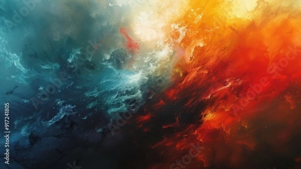 Fototapeta Dynamic abstract artwork depicting the intense clash of fiery reds and cool blues, symbolizing the energy and contrast between fire and water.