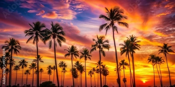 Fototapeta Palm Tree Silhouettes Against a Fiery Sunset, tropical , sunset , silhouette , palm trees