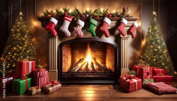 Fototapeta AI Generated. AI Generative. A fireplace cute scene with Christmas stockings and small gifts, candy canes. Graphic art illustration