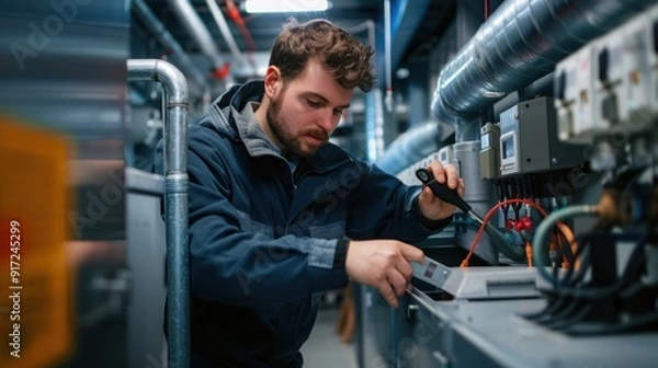Fototapeta Technician performing routine maintenance on HVAC system