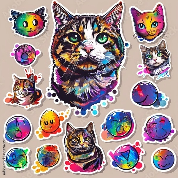 Fototapeta Colorful and vibrant cat stickers featuring different expressions and playful designs, perfect for decoration and personalization.