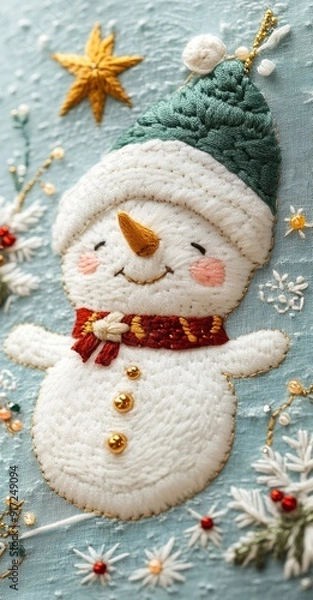 Obraz Christmas cute funny snowman in embroidery style