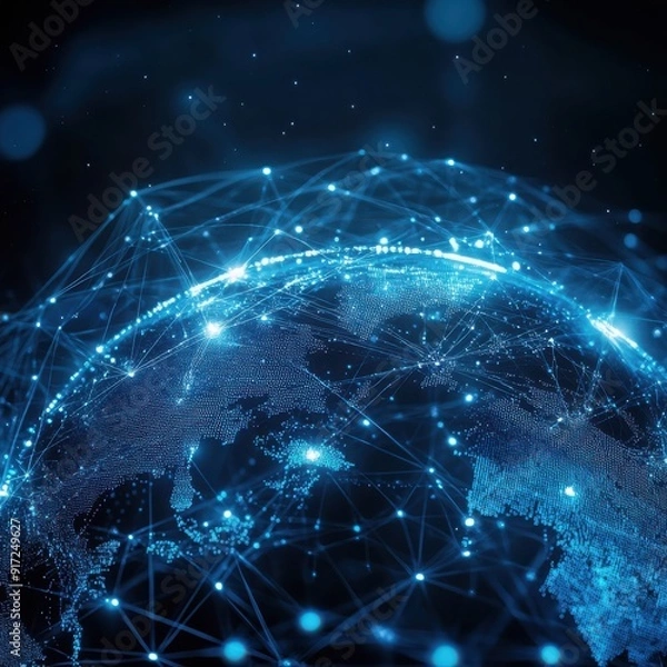 Fototapeta A visual representation of a connected globe showcasing digital networks and data transmission in a futuristic blue theme.
