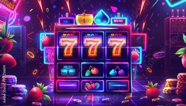 Obraz Exciting neon slot machine with vibrant symbols and bright lights in a virtual casino setting at night