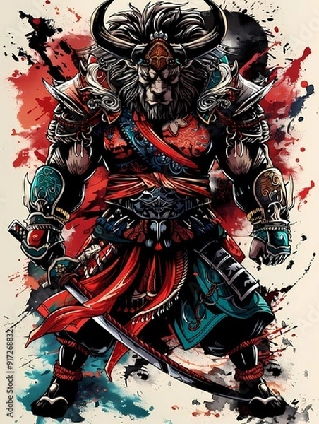 Fototapeta A fierce warrior character with animalistic features, adorned in armor and vibrant colors.