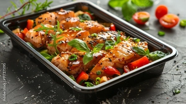Fototapeta Black plastic rectangular container with Thai crispy fish salad, isolated on a white background, side view, food photography, delicious, studio shot, shadows from the sun, zoom out