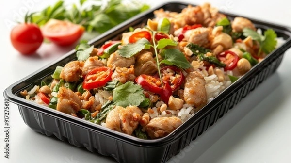 Fototapeta Black plastic rectangular container with Thai chicken larb and sticky rice, isolated on a white background, side view, food photography, delicious, studio shot, shadows from the sun, zoom out
