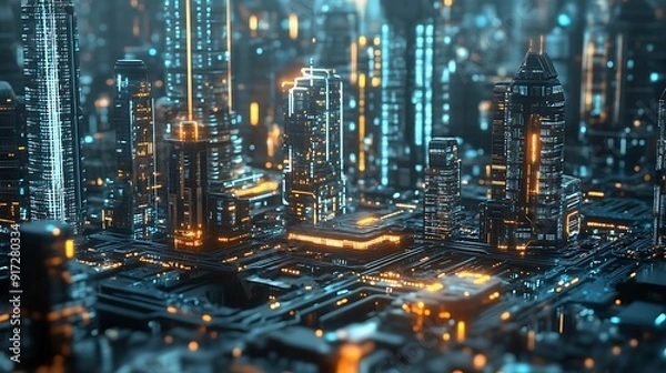 Fototapeta Futuristic Cityscape Built on a Circuit Board