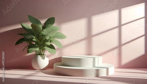 Fototapeta 3D Render Pastel Pink Podiums With Soft Shadows And A White Vase With Tropical Leaves Casting A Shadow. Cosmetic Or Beauty Product Promotion, Abstract Minimal Advertise. Copy Space Mockup.