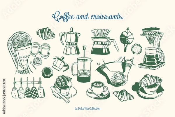 Fototapeta Minimalist hand drawn food and beverages vector illustration collection. Art for greeting cards, wedding invitations, poster design, postcards, branding, logo design, background.