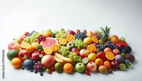 Fototapeta A colorful assortment of fresh fruits on a white background.