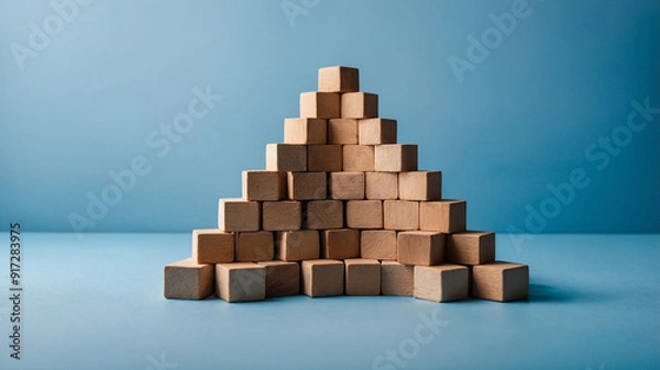 Fototapeta Wooden blocks pyramid on platform against solid blue background in minimalistic style, full frame shot.