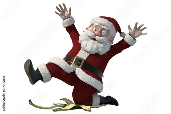 Fototapeta Santa Claus slipping on a banana peel, flailing arms, wide-eyed expression, hilarious 3D render on a white background