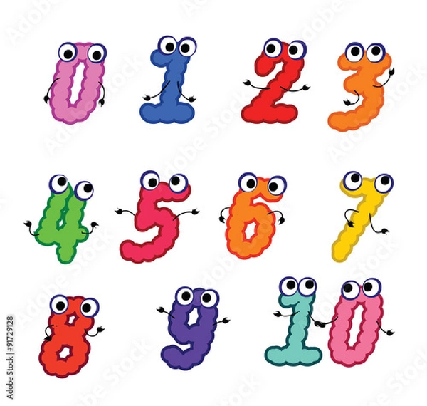Fototapeta Vector Numbers - cartoon character set of colorful numeri - cute figure with eyes and hands. Childish numeri. Funny cipher silhouettes. Vector illustration. Isolated. Eps 10.