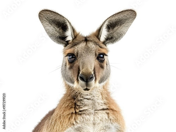 Fototapeta Kangaroo portrait against a plain white background, highlighting its expressive eyes and detailed fur