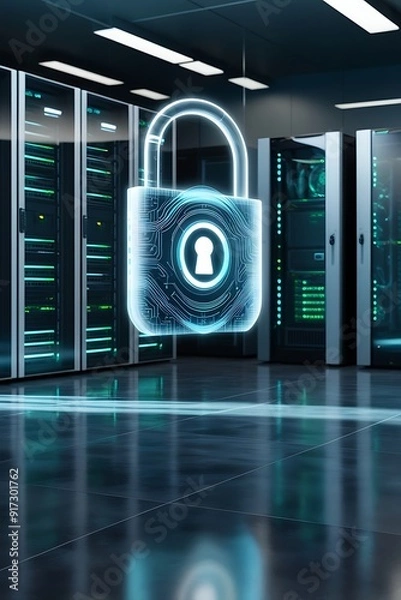 Obraz Abstract Digital Cybersecurity and Network Protection, Holographic Screen with Graphs. Data server security digital.