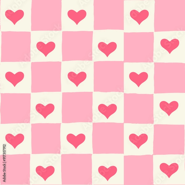 Obraz Seamless vector repeating pattern with hand drawn checkerboard in pink and cream and a perfect coral heart half drop. Valentines midcentury checker with pink hearts.