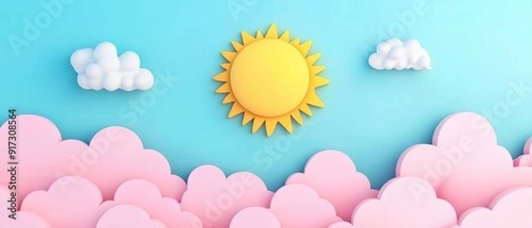 Fototapeta 3D Rendered Sun and Pink Clouds on Blue Background