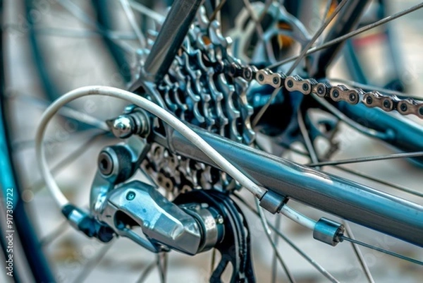 Fototapeta Rear bicycle motor wheel integrated into mountain bike close-up from side of the brake disc  . Beautiful simple AI generated image in 4K, unique.