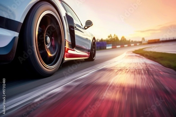 Fototapeta High-Performance Sports Car Speeding Down a Racetrack at Sunset - Precision and Speed in Action