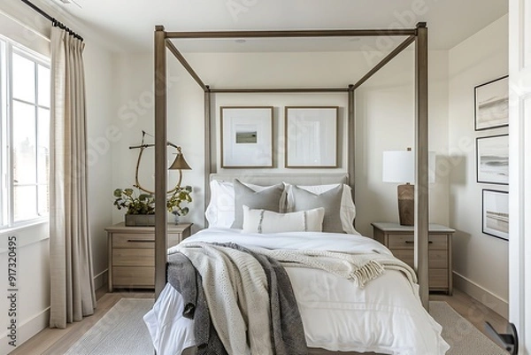 Fototapeta  A serene bedroom with a four-poster bed neutral tones and minimalist decor 