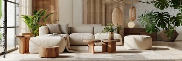 Fototapeta Modern living room interior design with modular beige sofa wooden coffee tables green plants textiles neutral room divider and stylish accessories Contemporary home decor Home staging concep
