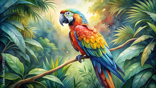 Fototapeta parrots perched jungle in a tree   Rainbow Parrot, bird, canvas art, art work, hand drawn, Vibrant Modern Oil Painting of a Rainbow Parrot: Hand-Drawn Colorful Canvas Art" generative ai