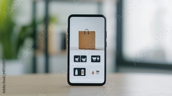Fototapeta Mobile phone screen displaying a global e-commerce marketplace, detailed focus on product images and prices