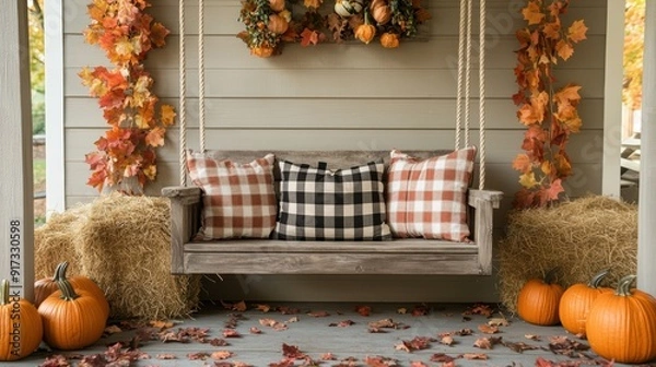 Obraz Porch swing in autumn decorated with pumpkins and fall leaves