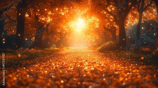 Fototapeta Autumn Road Illuminated by Golden Sunlight and Falling Leaves