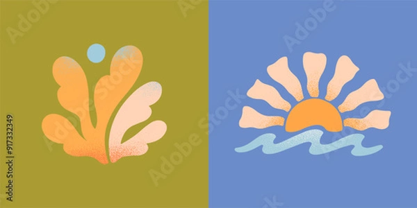 Fototapeta Vector abstract summer nature emblems.Hand drawn coral, sun and ocean waves.Modern graphic in naive simple style for banners,smm,branding,packaging, covers,prints.Summer vacation aesthetic