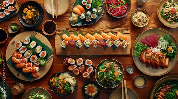 Fototapeta Japanese restaurant dinner table spread in top-down view, array of beautifully plated sushi, sashimi, tempura, surrounded, fresh salads, traditional Japanese food
