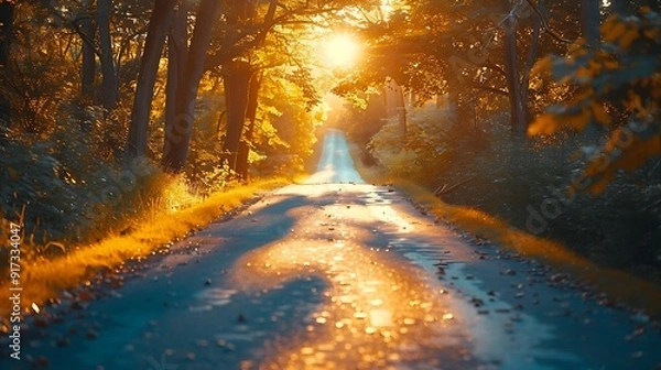 Fototapeta A serene drive during the golden hour, the road illuminated by the warm hues of the setting sun, trees casting long shadows, the soft light creating a tranquil and inviting atmosphere, natural look,