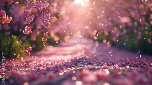 Fototapeta A serene drive through a cherry blossom avenue, petals floating lazily to the ground, the midday sun illuminating the vibrant colors of the blossoms, natural look, hd quality. --ar 16:9 --v 6.