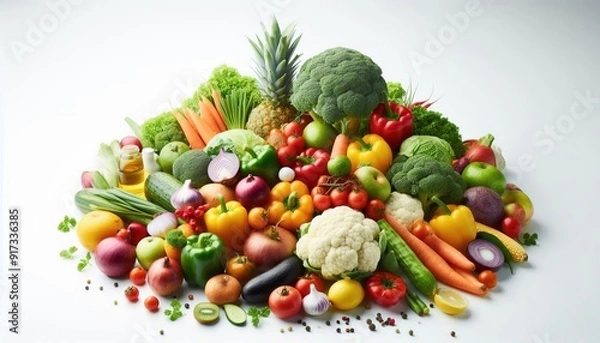 Fototapeta Colorful, fresh fruits and vegetables arranged on a white background.