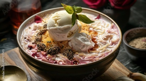Fototapeta Close-up shot of a bowl of creamy falooda, layered with vermicelli, basil seeds, and rose syrup, topped with a scoop of ice cream.