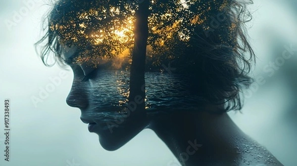 Fototapeta Double exposure portrait that combines a person's profile with elements of nature