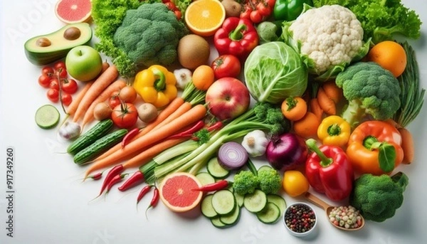 Fototapeta Fresh assorted vegetables and fruits, arranged in a colorful display.